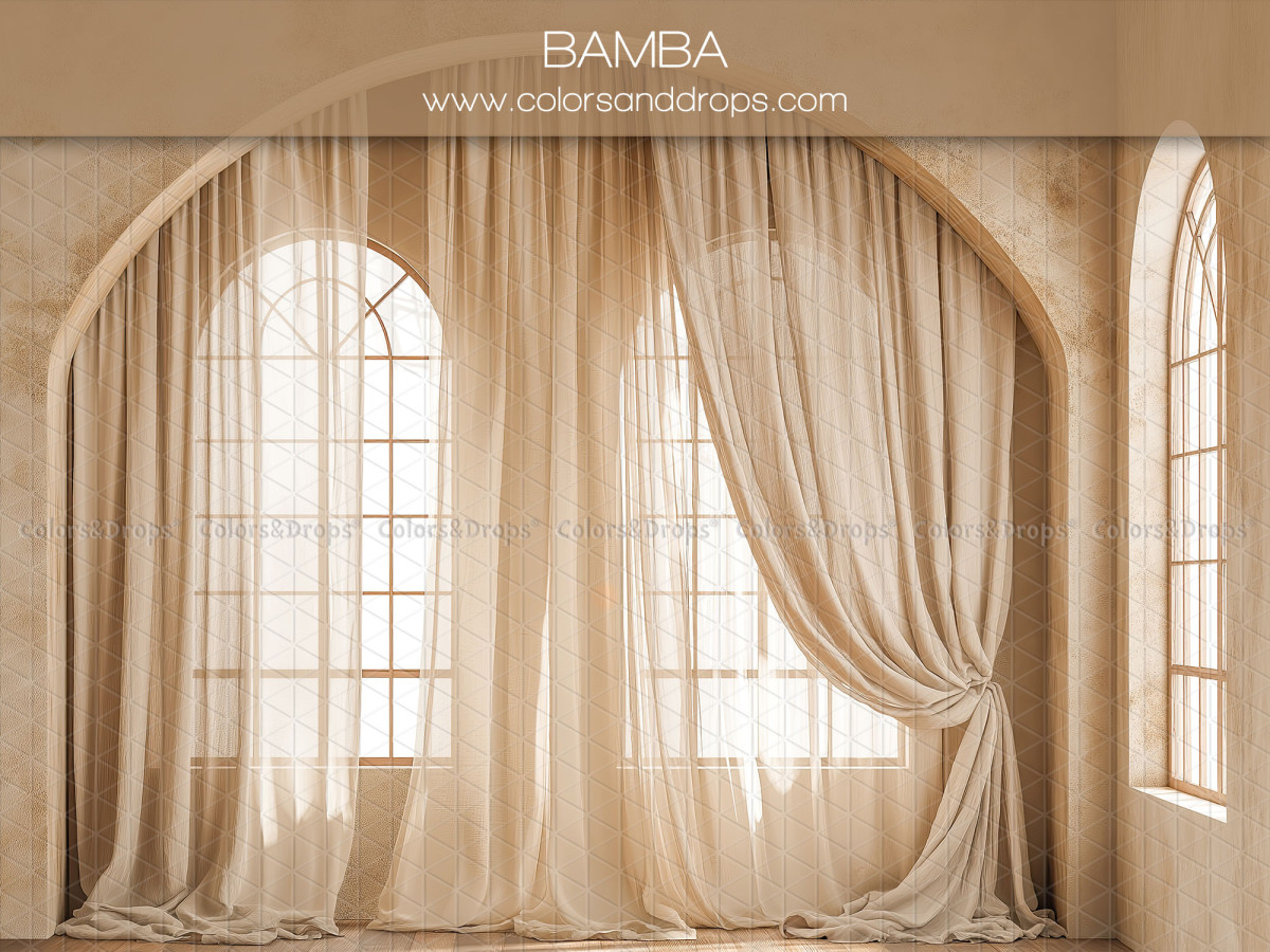 Fondo fotográfico de embarazo y retrato Bamba – visillos crema y ventanas arqueadas | Colors&Drops