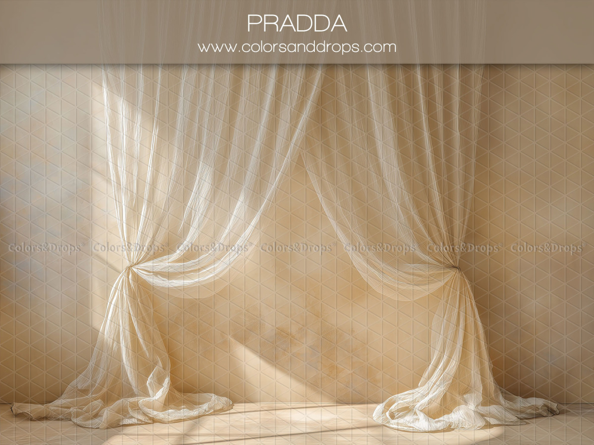 Fondo fotográfico de embarazo y retrato Pradda – visillos crema drapeados sobre pared soleada | Colors&Drops