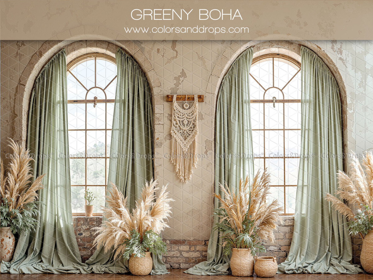 Fondo fotográfico de embarazo y retrato Greeny Boha – cortinas verde salvia y ventanas arqueadas con pampa | Colors&Drops