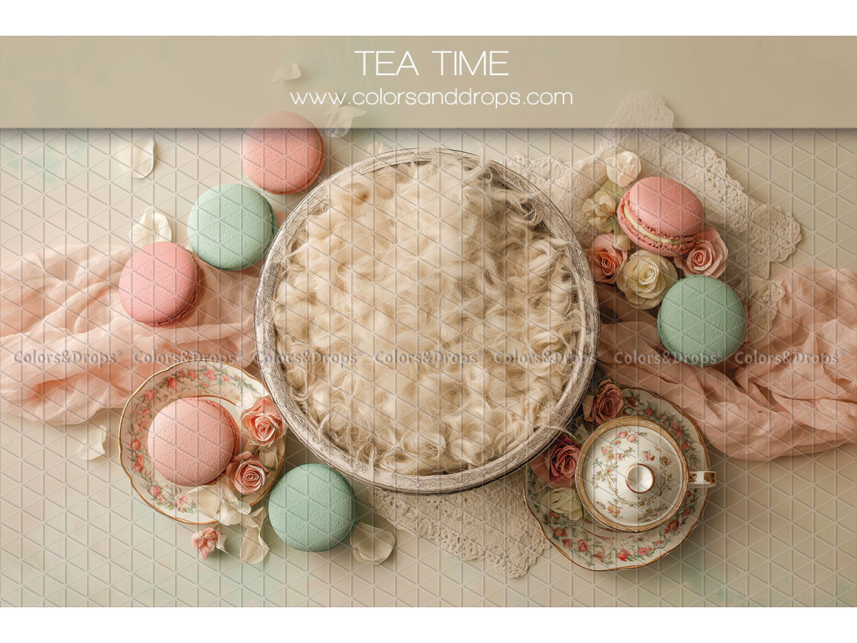 Newborn photo backdrop Tea Time – fur nest with macarons and tea | Colors&Drops
