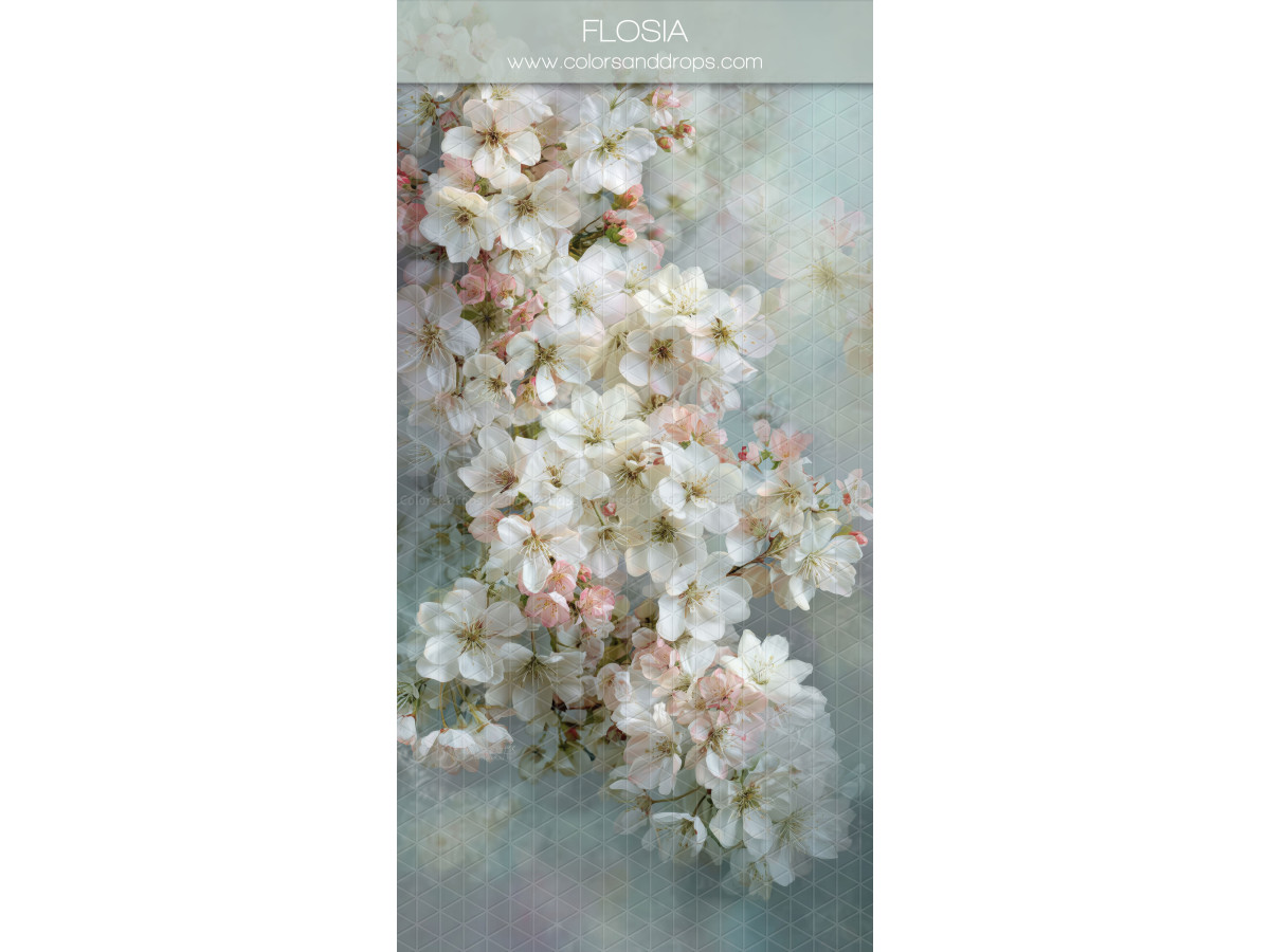 White textured photo backdrop & floor Flosia – cascading white flowers on blue-green background | Colors&Drops