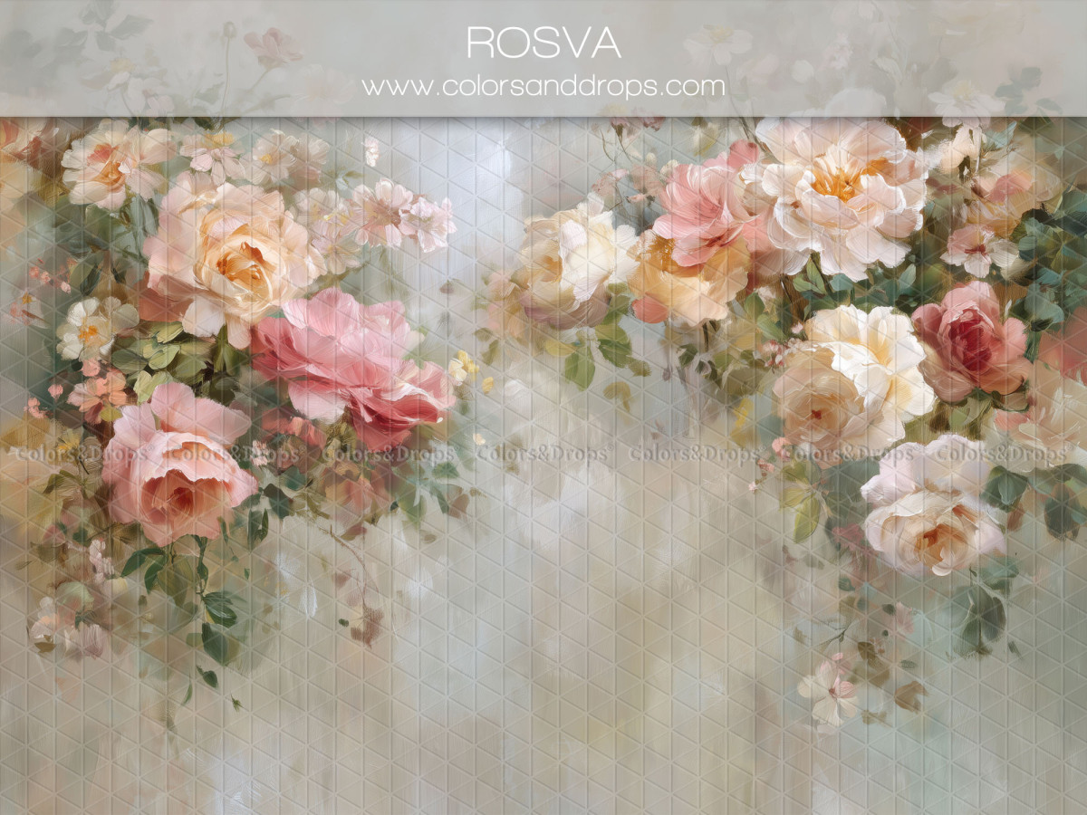 Pink textured photo backdrop & floor Rosva – garland of painted roses on light grey background | Colors&Drops