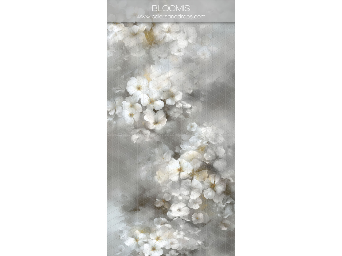 Fondo y suelo fotográficos blanco texturizados Bloomis – flores blancas en cascada sobre fondo gris | Colors&Drops