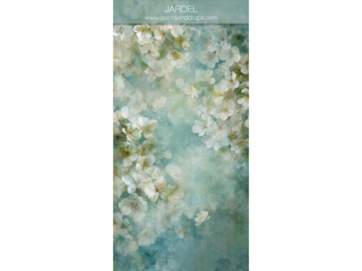 Fond photo vert d'eau texturé Jardel – fleurs blanches peintes sur fond vert d'eau | Colors&Drops