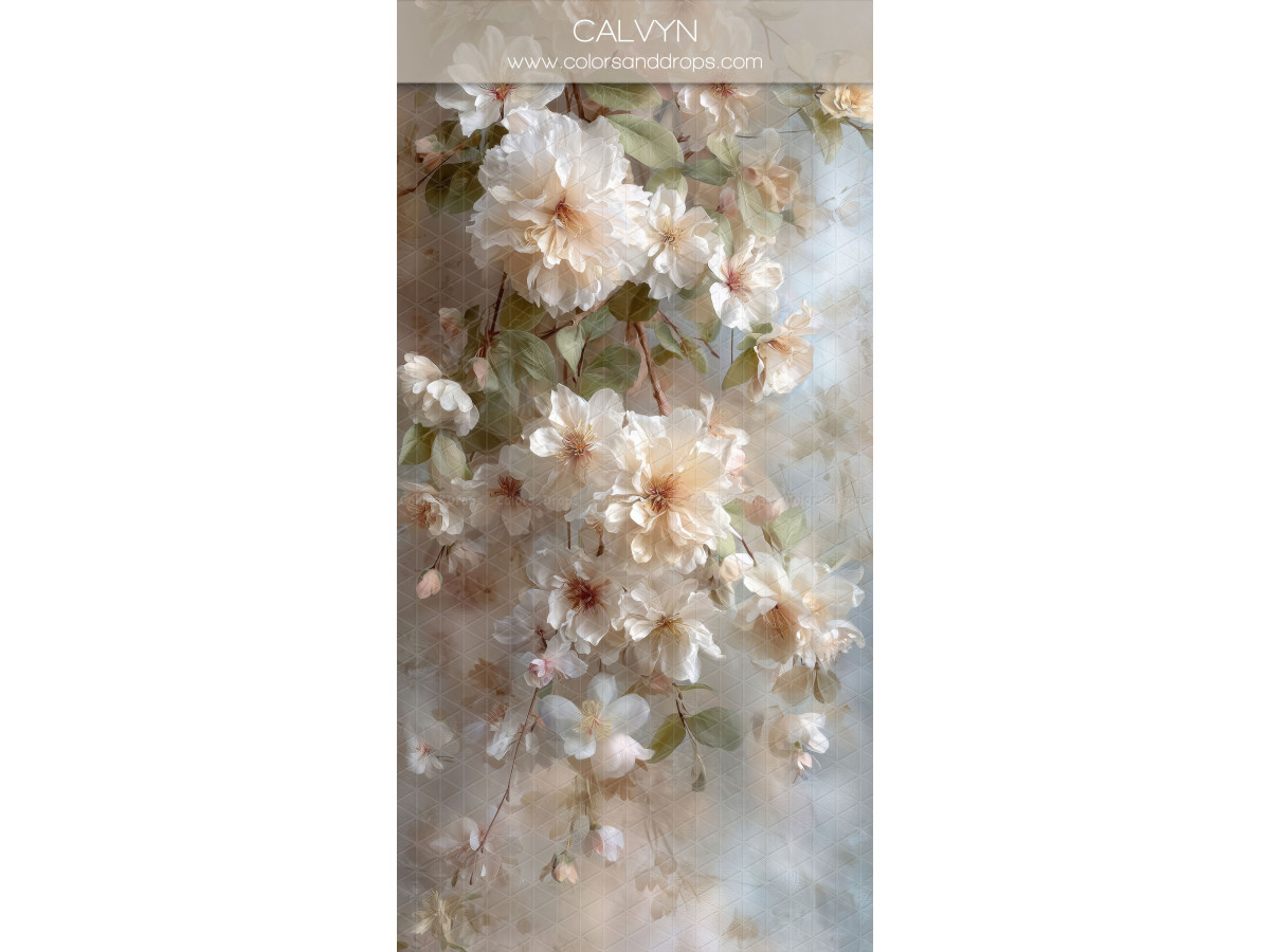 White textured photo backdrop & floor Calyss – cascading white flowers on grey background | Colors&Drops