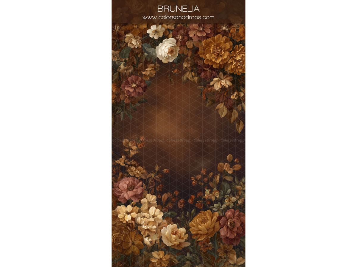 Photo backdrop Brunelia – frame of autumn flowers on brown background | Colors&Drops
