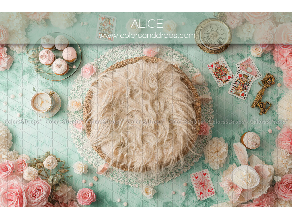 Newborn photo backdrop Alice – fur nest with roses, cards and teacup | Colors&Drops