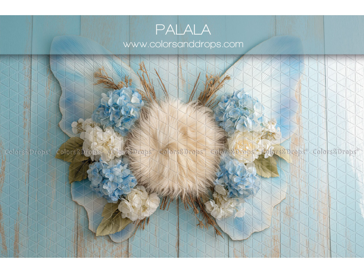 Newborn photo backdrop Palala – fur nest with hydrangeas and butterfly wings | Colors&Drops