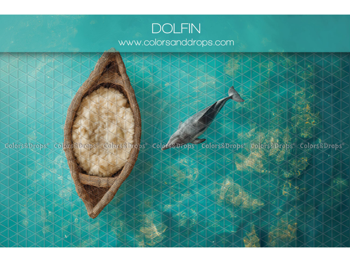Newborn photo backdrop Dolfin – wooden boat with dolphin on turquoise water | Colors&Drops