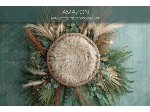 Fond photo nouveau-né Amazon – nid en fourrure avec feuillage tropical et pampa | Colors&Drops