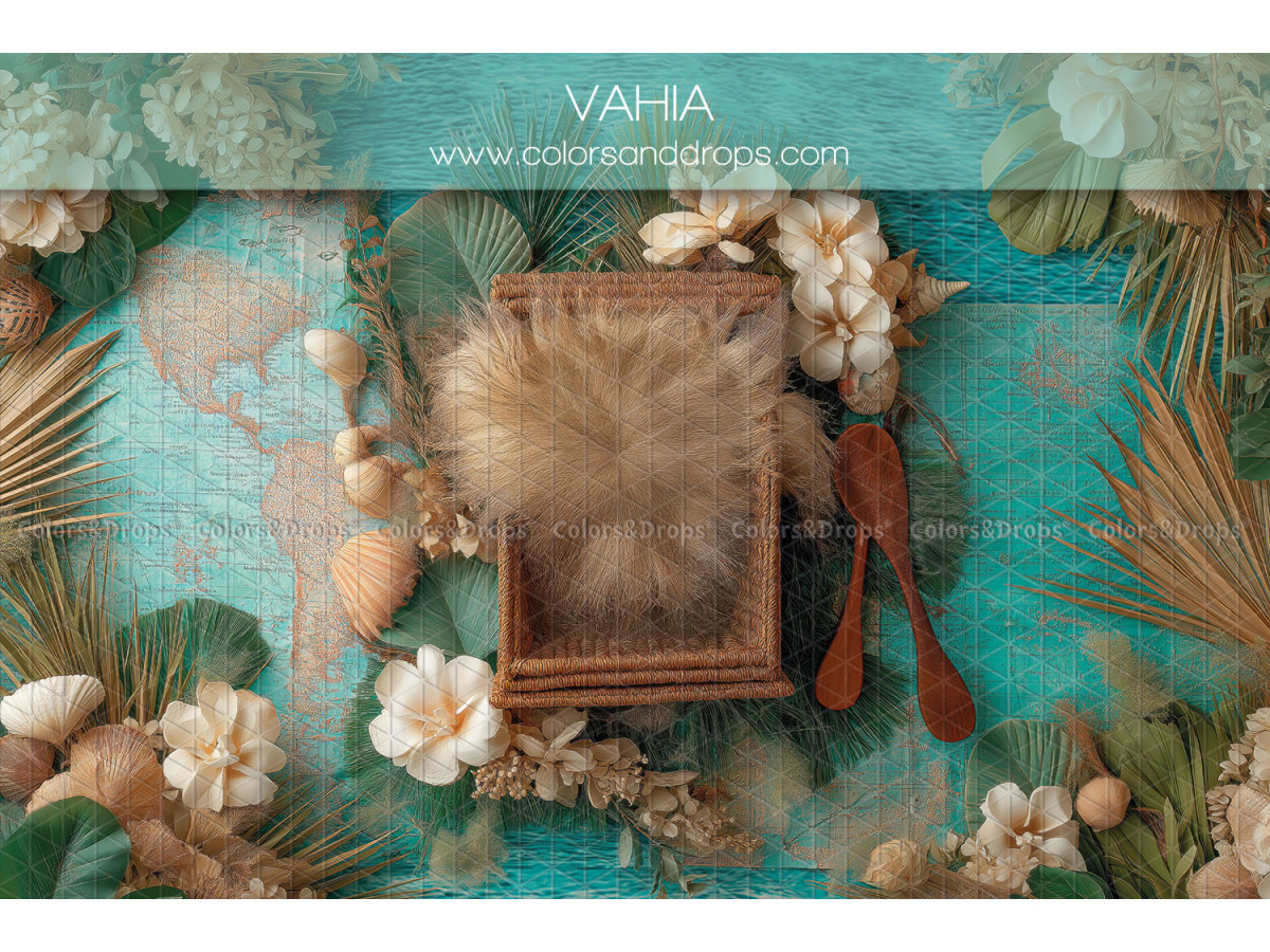 Fondo fotográfico de recién nacido Vahia – caja de madera con mapa del mundo y conchas | Colors&Drops