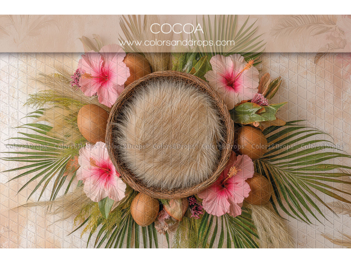 Newborn photo backdrop Cocoa – fur nest with hibiscus and coconuts | Colors&Drops