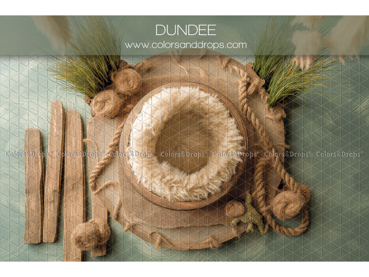 Fondo fotográfico de recién nacido Dundee – nido de piel con madera flotante y cuerda | Colors&Drops