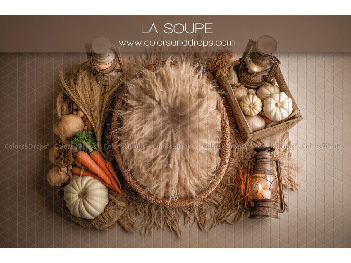 Newborn photo backdrop La Soupe – fur nest with vegetables and lantern | Colors&Drops