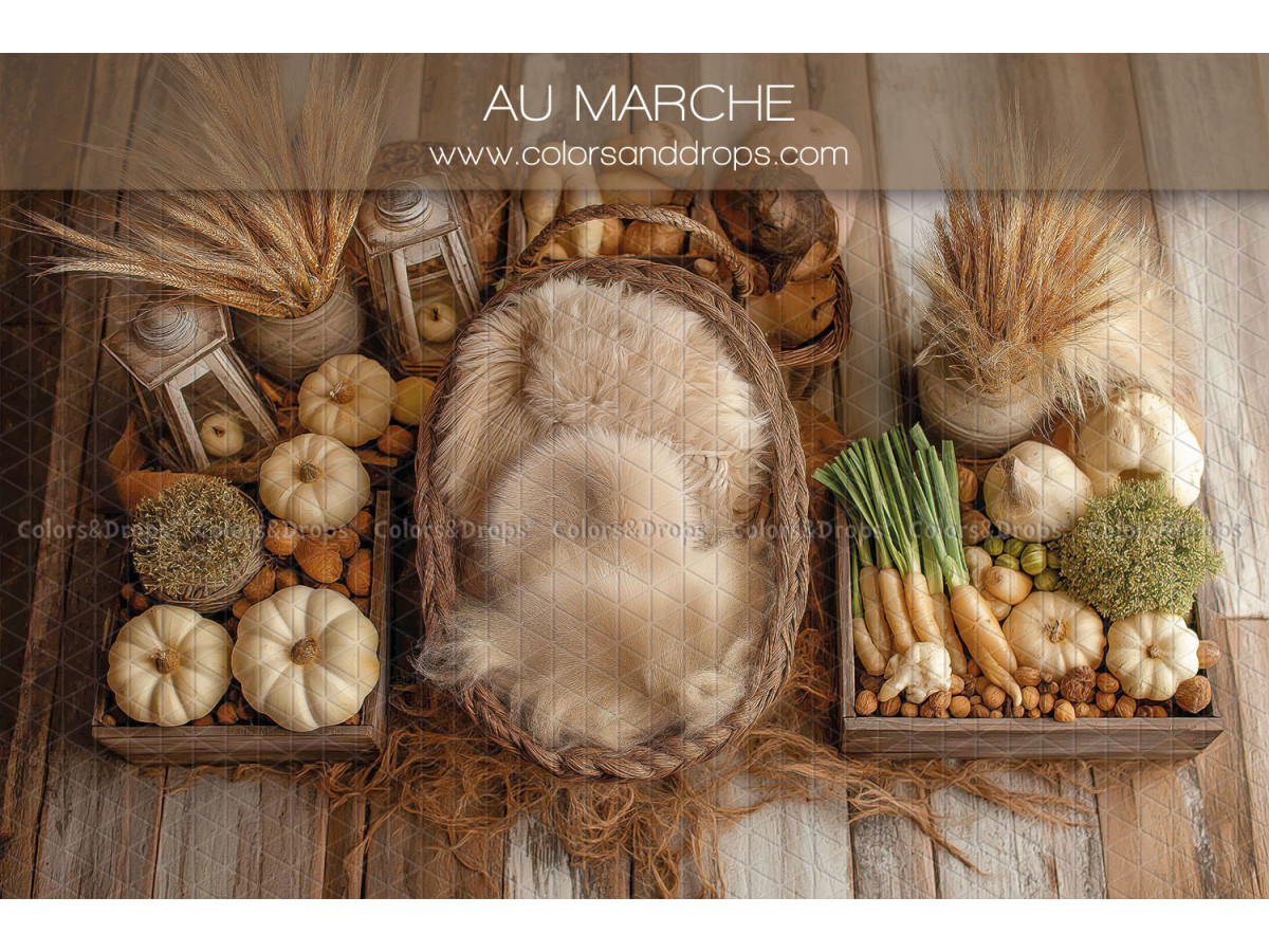 Newborn photo backdrop Au Marche – fur basket with vegetable crates | Colors&Drops