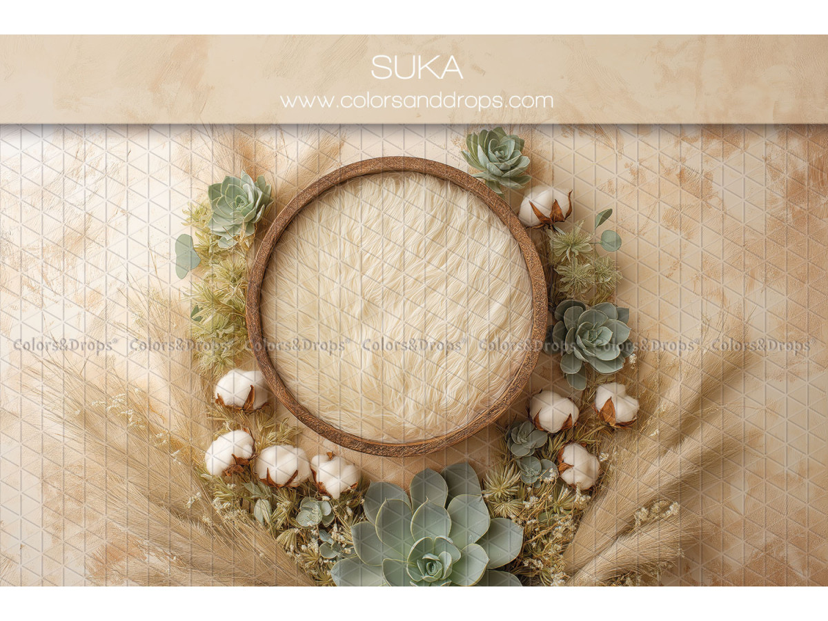 Newborn photo backdrop Suka – wooden bowl with cotton and succulents | Colors&Drops