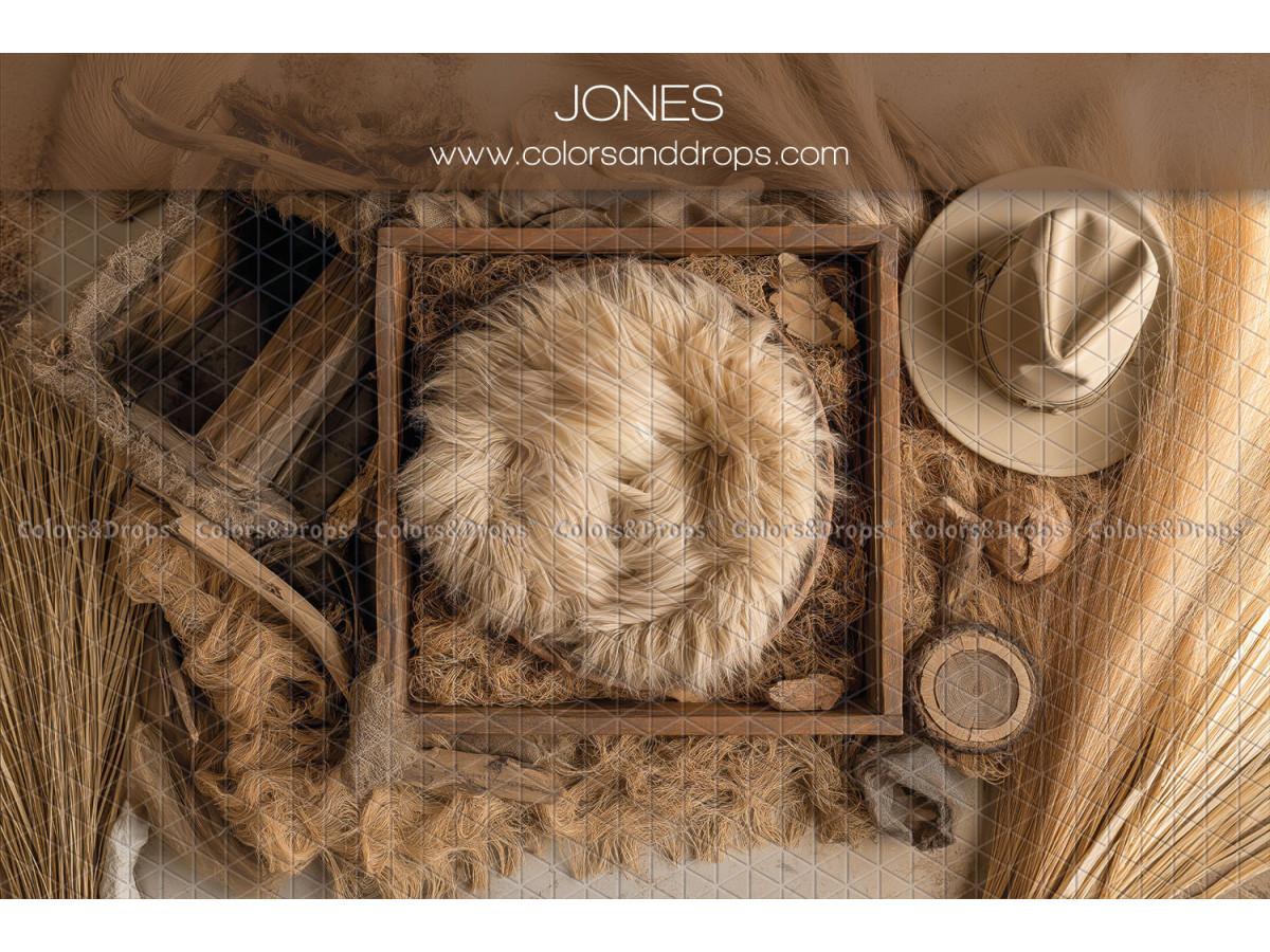 Newborn photo backdrop Jones – wooden crate with fur and explorer hat | Colors&Drops