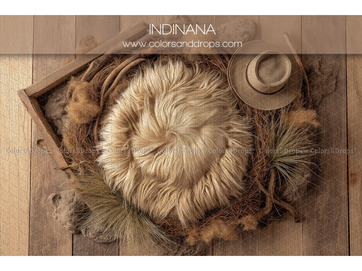 Newborn photo backdrop Indiana – fur nest in wooden crate with hat | Colors&Drops