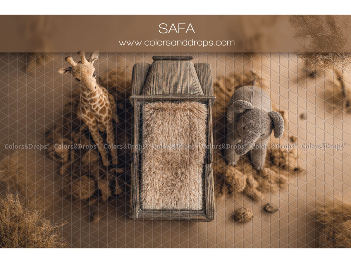 Newborn photo backdrop Safa – wooden bed with plush giraffe and elephant | Colors&Drops