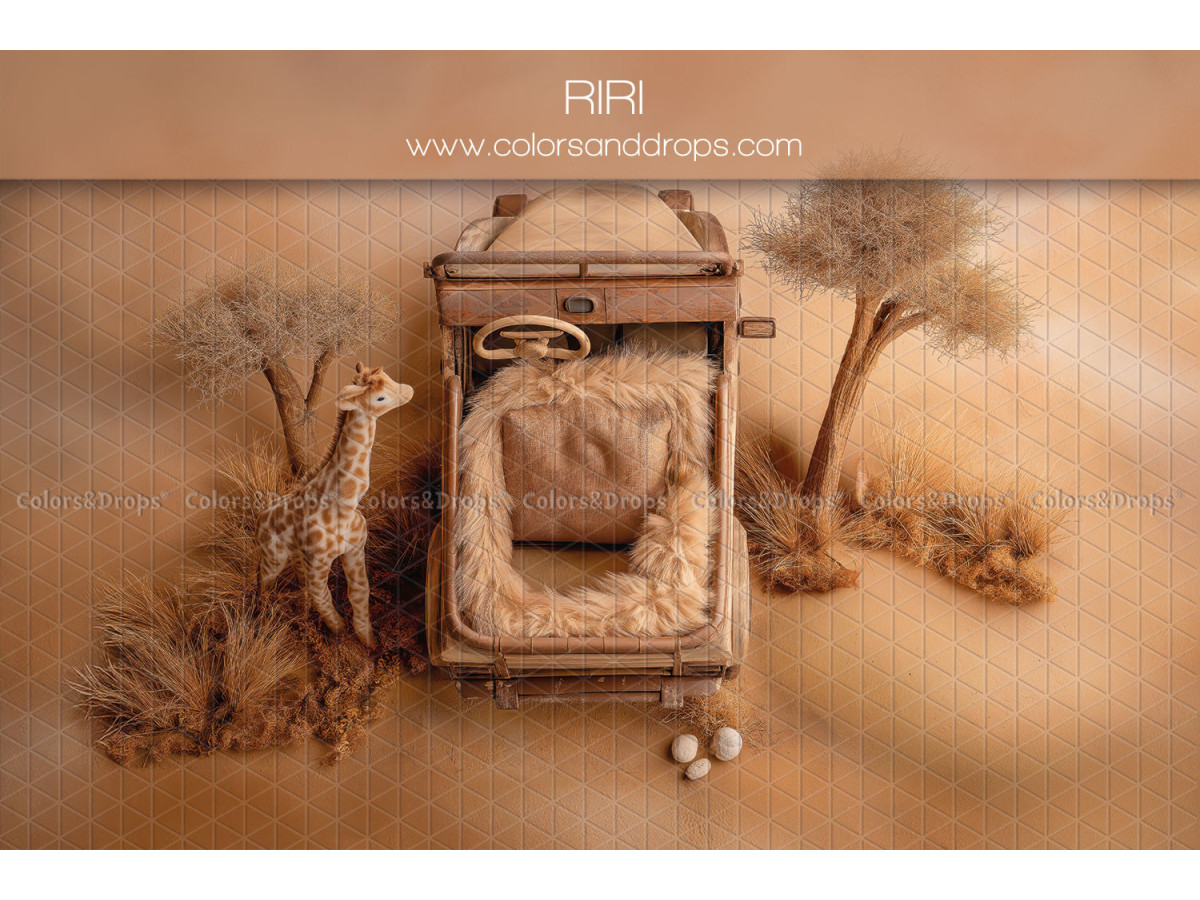 Newborn photo backdrop Riri – small wooden bed in savanna landscape | Colors&Drops