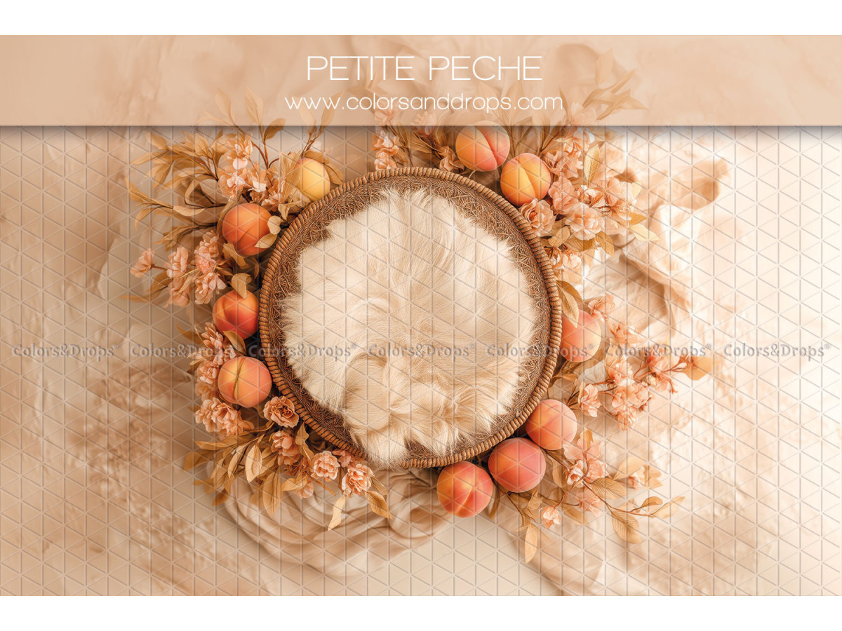 Newborn photo backdrop Petite Peche – wicker nest with peaches and dried flowers | Colors&Drops