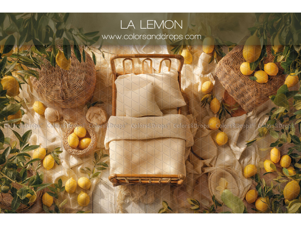 Newborn photo backdrop La Lemon – small wooden bed with lemons and foliage | Colors&Drops