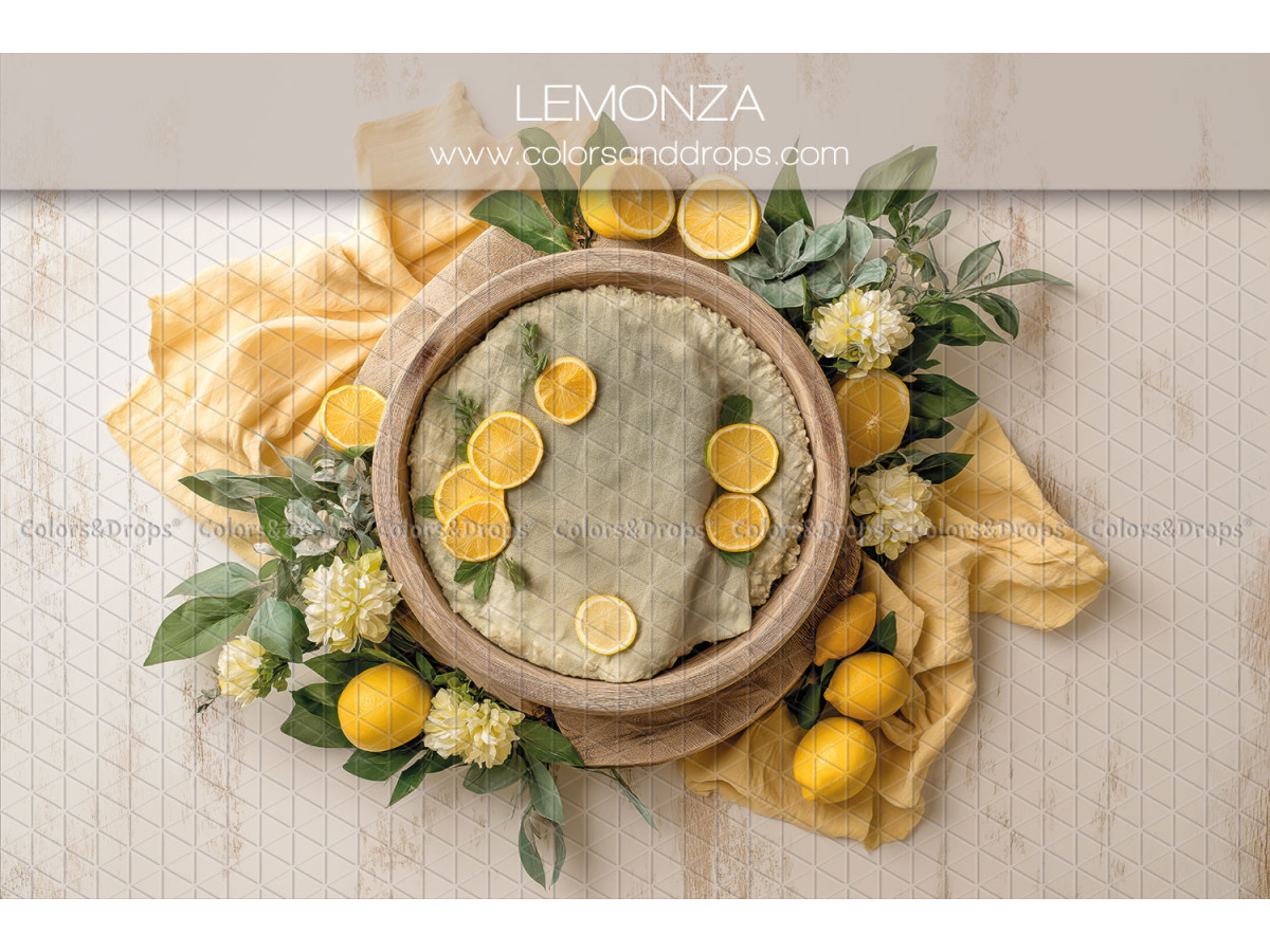 Fond photo nouveau-né Lemonza – bol en bois avec citrons et tissu jaune | Colors&Drops