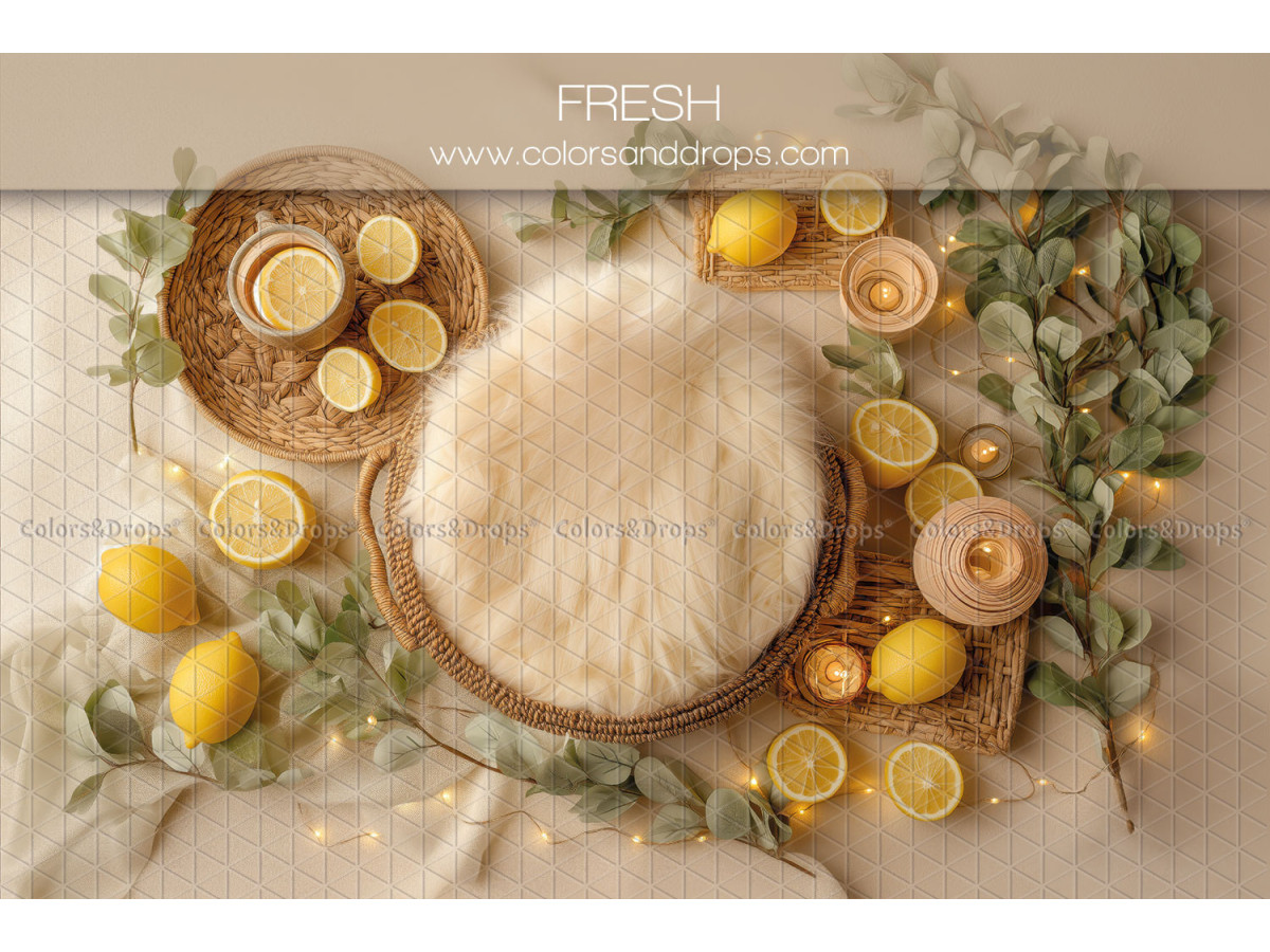 Fond photo nouveau-né Fresh – nid en fourrure avec citrons et eucalyptus | Colors&Drops