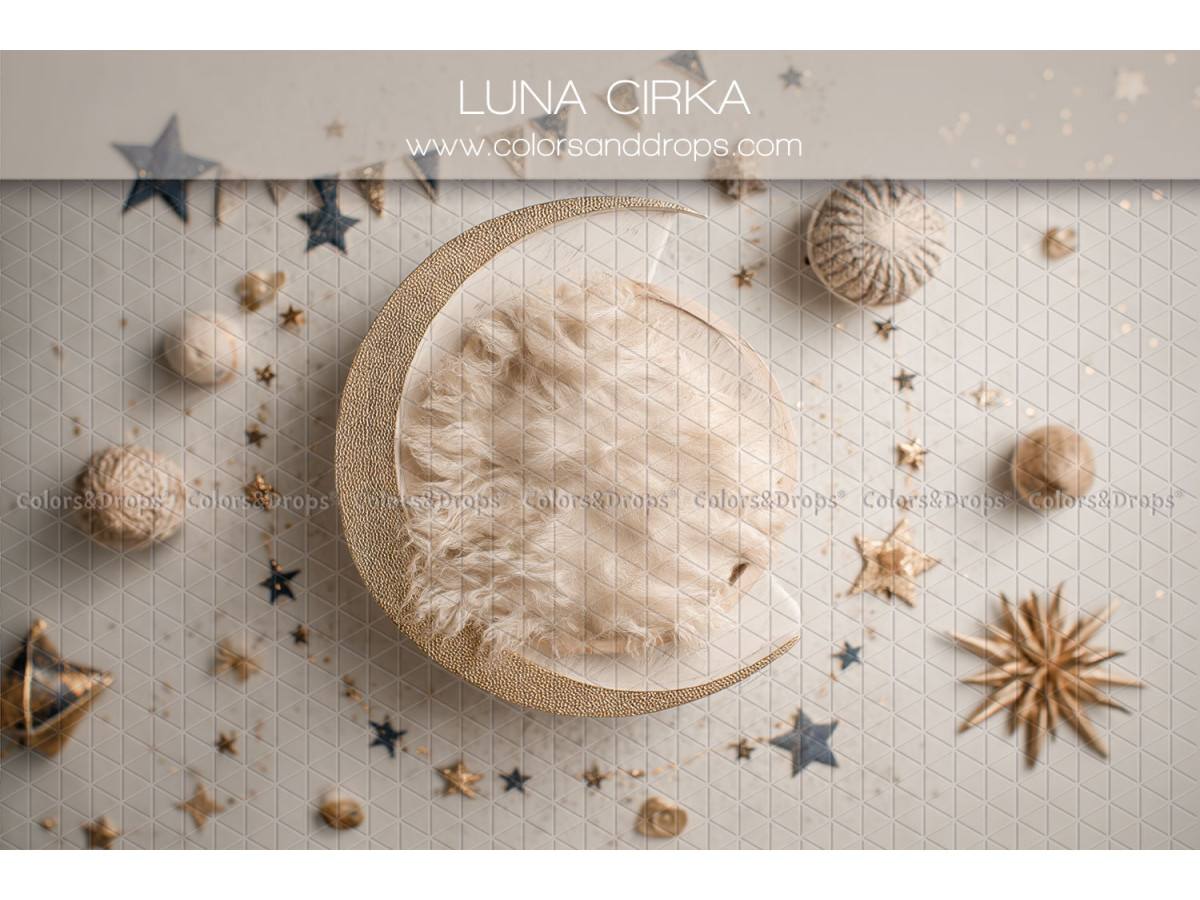 Fond photo nouveau-né Luna Cirka – nid en lune avec étoiles et coquillages | Colors&Drops