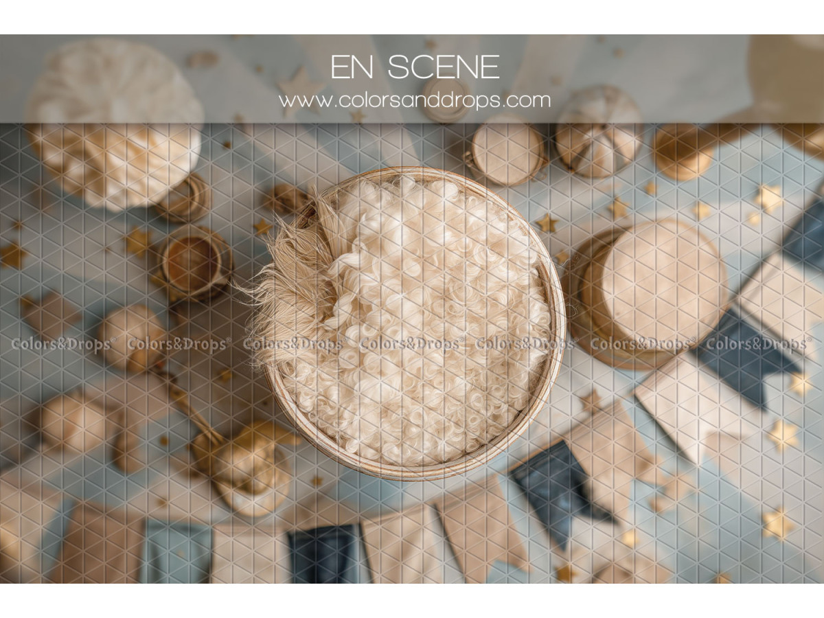 Fond photo nouveau-né En Scene – nid en fourrure avec fanions et paniers en osier | Colors&Drops
