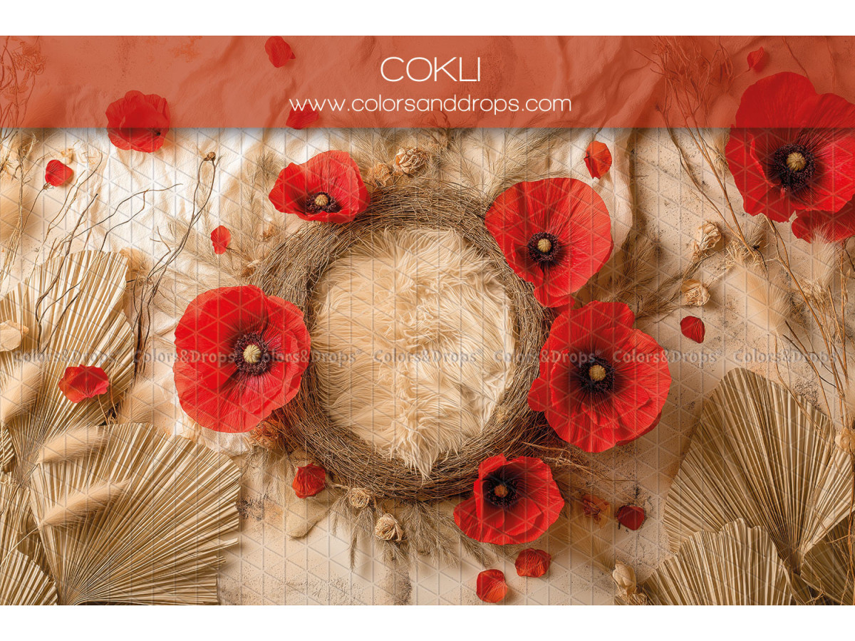 Fond photo nouveau-né Cokli – nid en osier avec coquelicots rouges | Colors&Drops