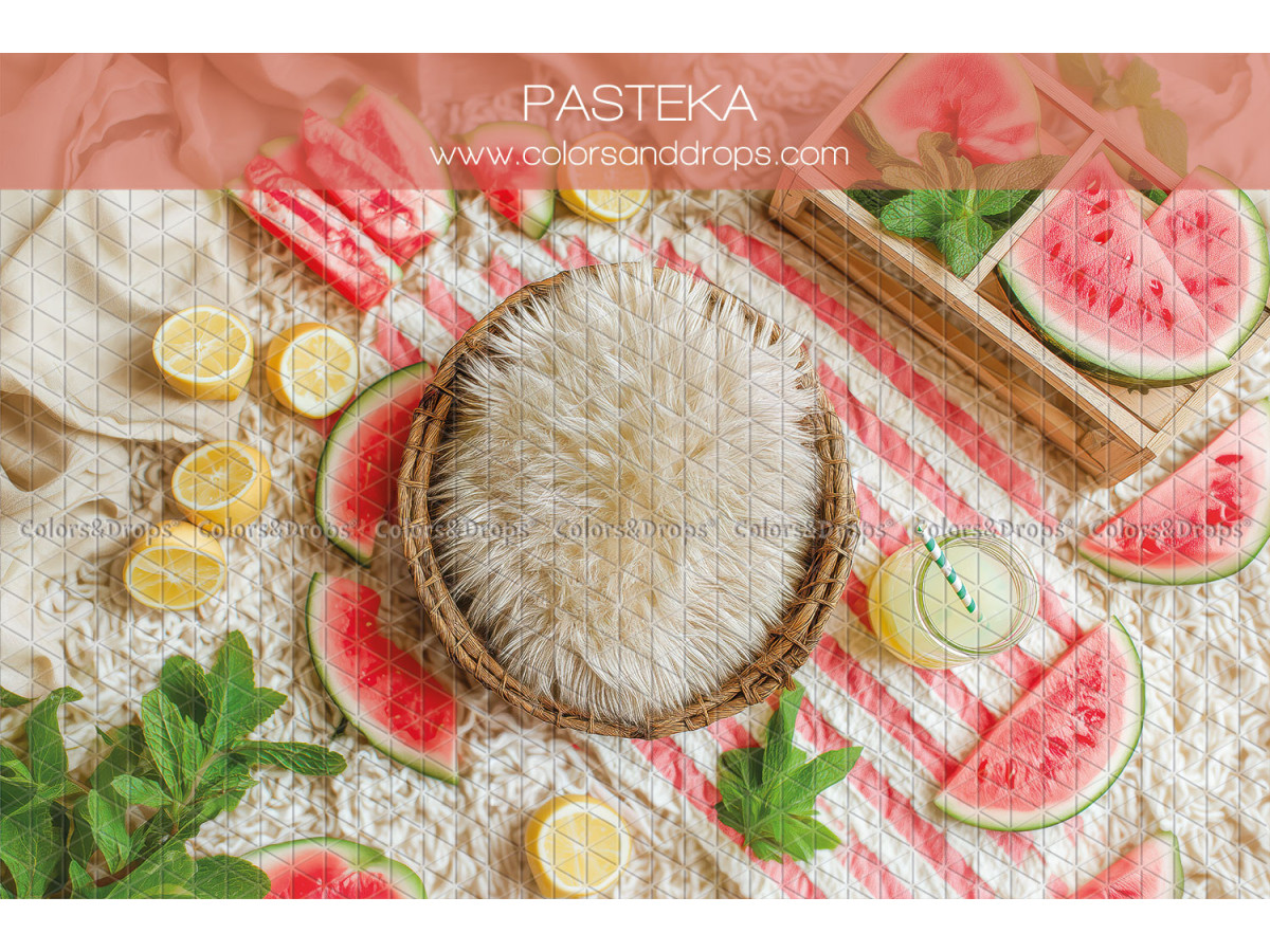 Fond photo nouveau-né Pasteka – nid en osier avec pastèques et citrons | Colors&Drops