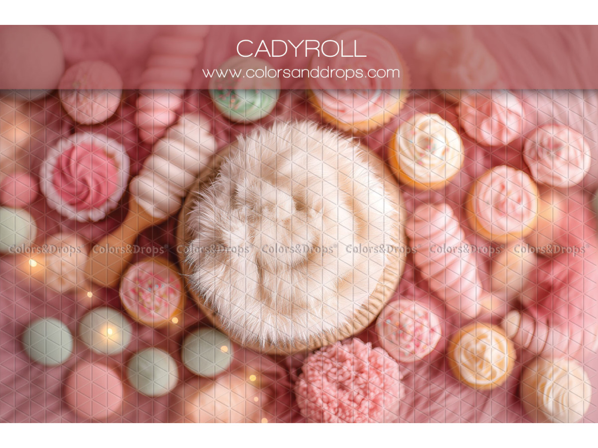 Fond photo nouveau-né Cadyroll – nid en fourrure avec cupcakes et bonbons roses | Colors&Drops