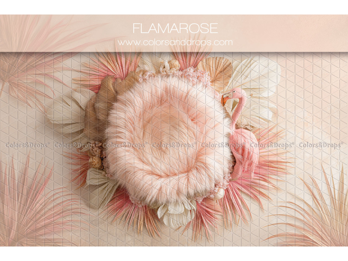 Fond photo nouveau-né Flamarose – nid en fourrure rose avec flamant et palmes | Colors&Drops