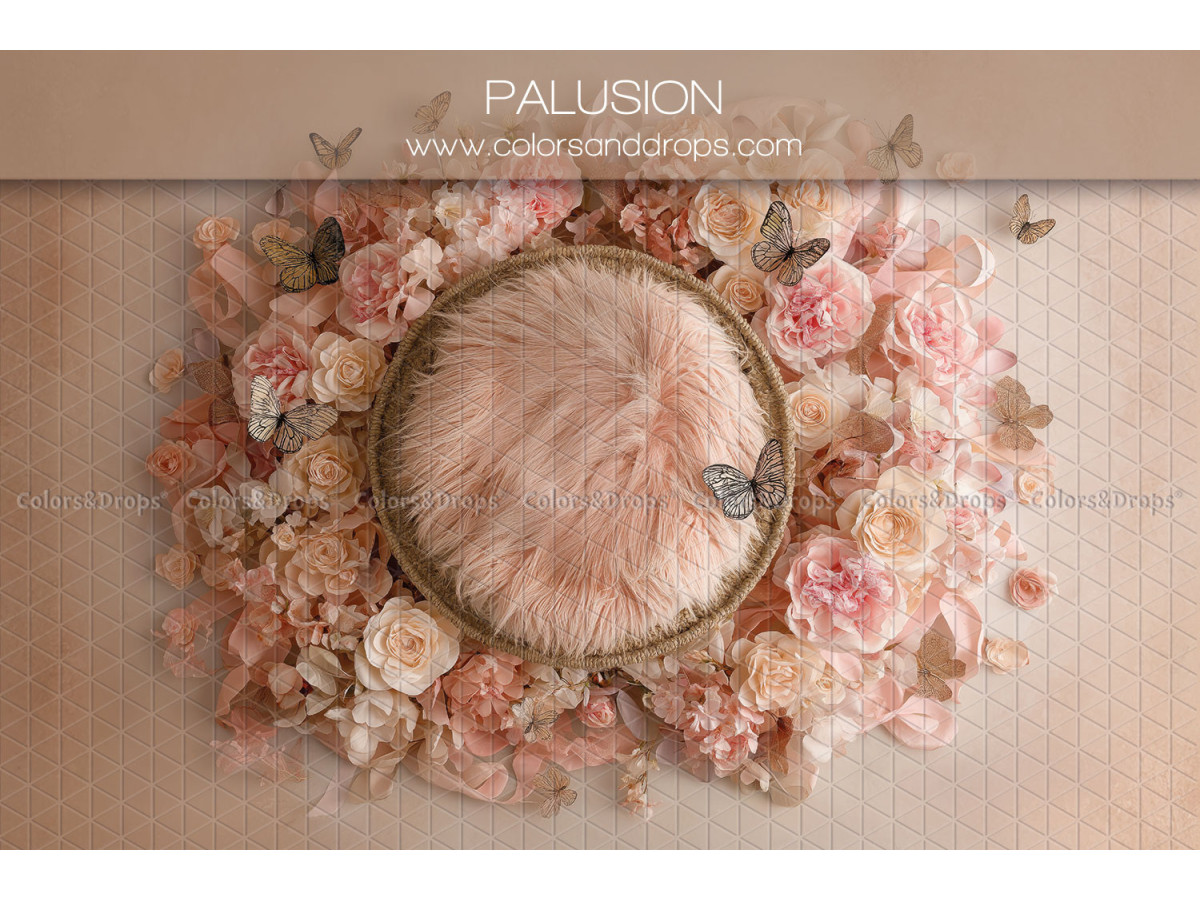 Fond photo nouveau-né Palusion – nid en fourrure rose avec fleurs et papillons | Colors&Drops