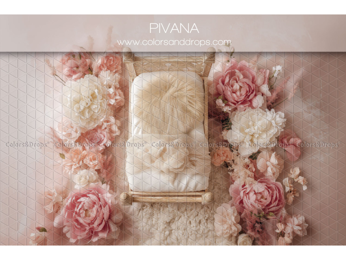 Fond photo nouveau-né Pivana – petit lit avec pivoines et roses | Colors&Drops