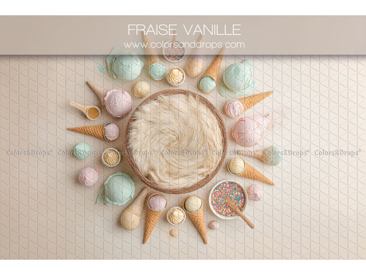 Fond photo nouveau-né Fraise Vanille – panier avec cornets de glace et macarons pastel | Colors&Drops