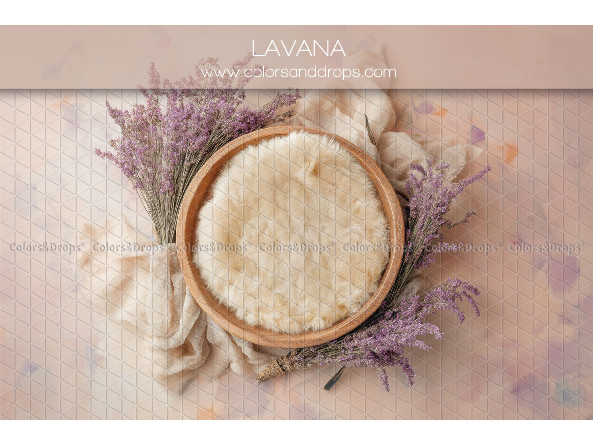 Fond photo nouveau-né Lavana – bol en bois avec fourrure et lavande | Colors&Drops