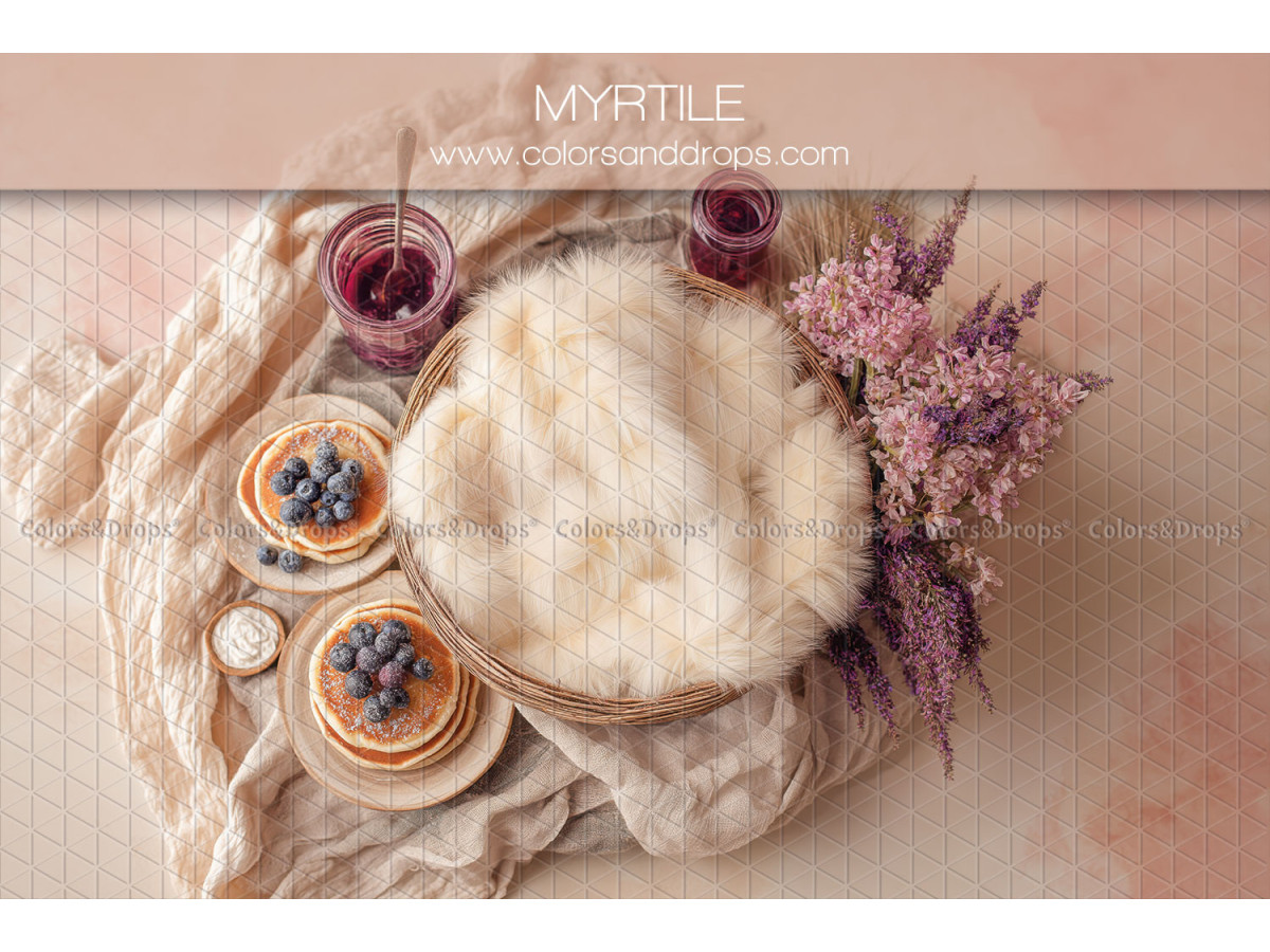 Fond photo nouveau-né Myrtille – nid en fourrure avec myrtilles et pancakes | Colors&Drops