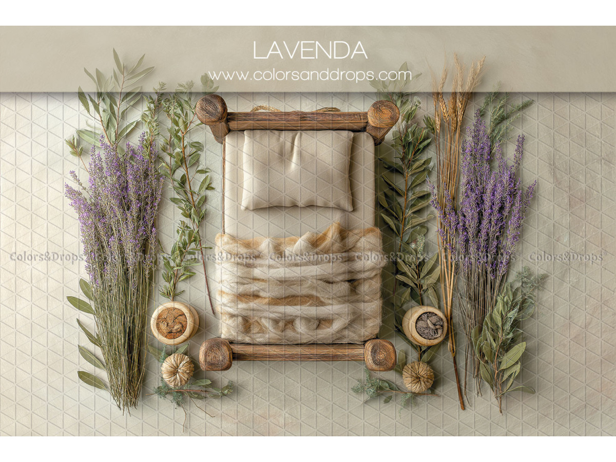 Fond photo nouveau-né Lavenda – lit en bois avec bouquets de lavande | Colors&Drops