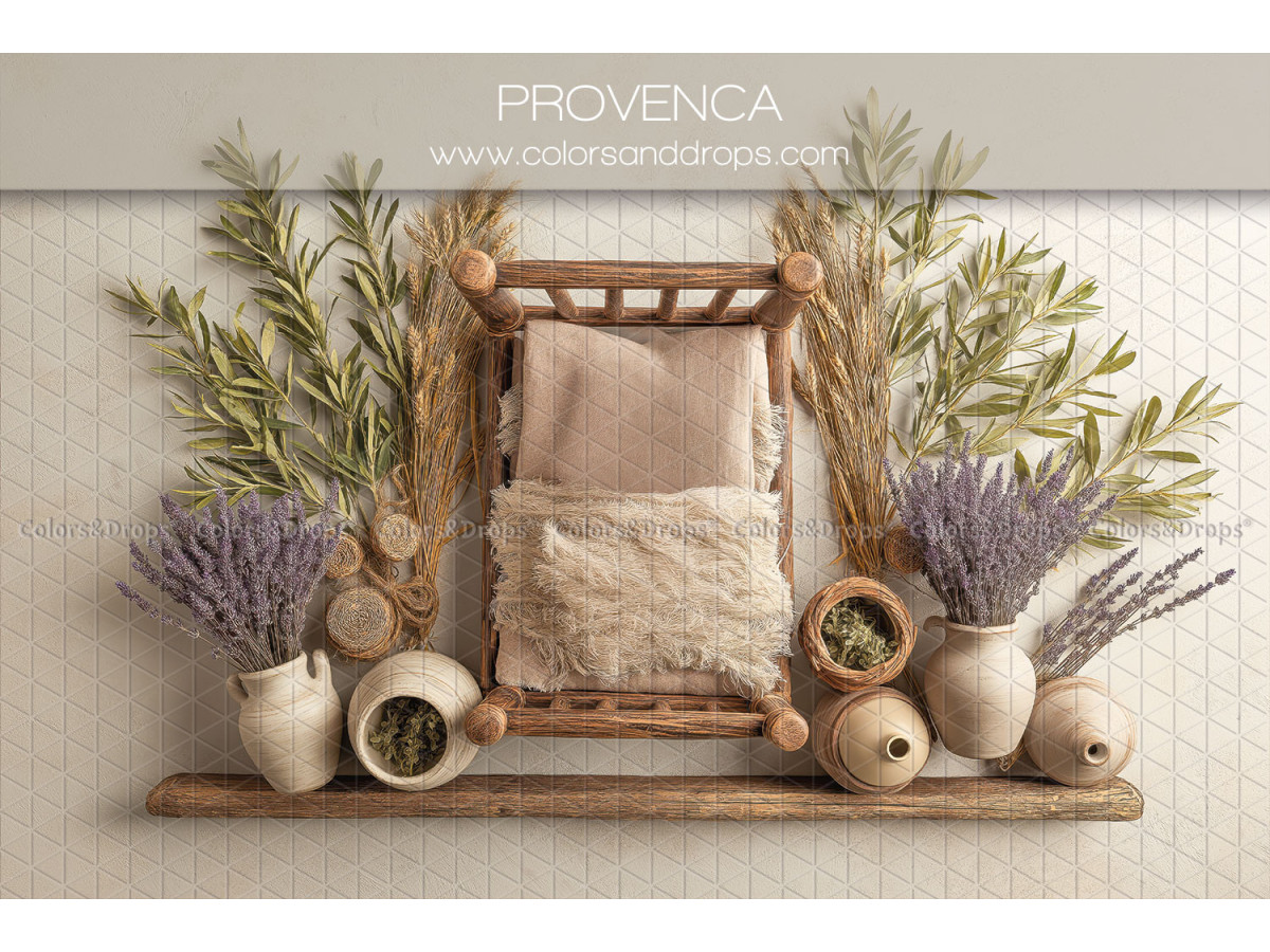 Fond photo nouveau-né Provenca – lit en bois avec olivier et lavande | Colors&Drops