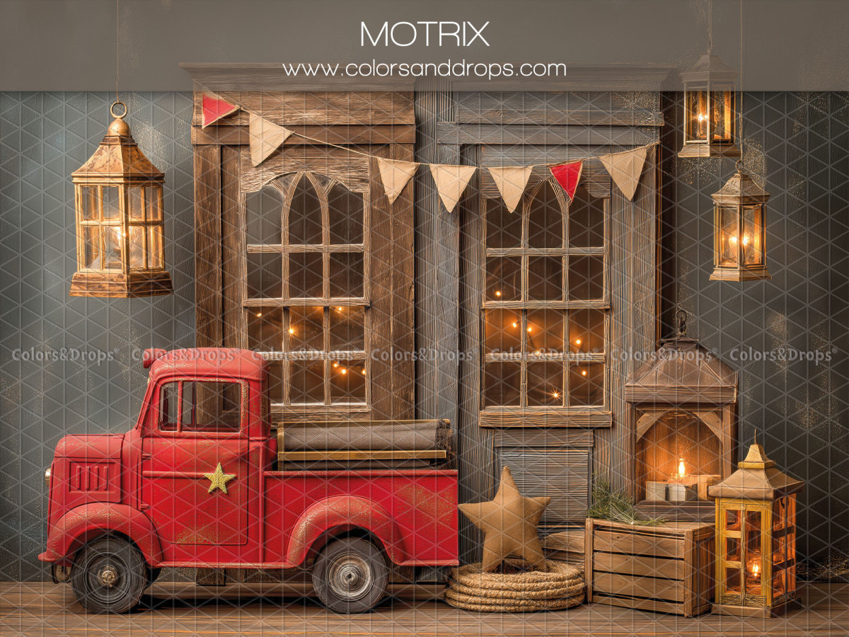 Baby & cake smash photo backdrop Motrix – red vintage truck in front of wooden façade | Colors&Drops
