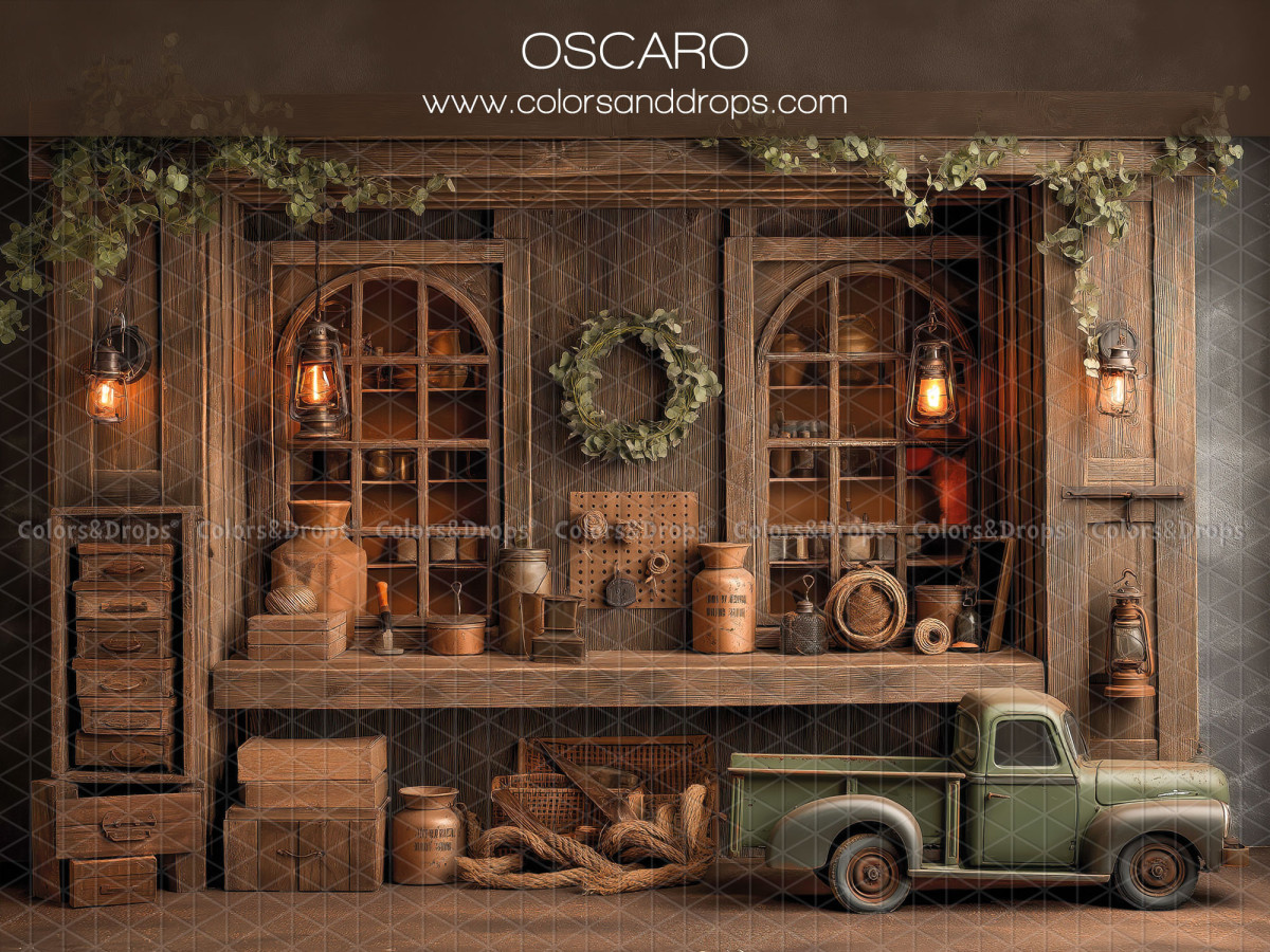 Fond photo bébé et smash cake Oscaro – façade en bois avec camion vert et fenêtres | Colors&Drops