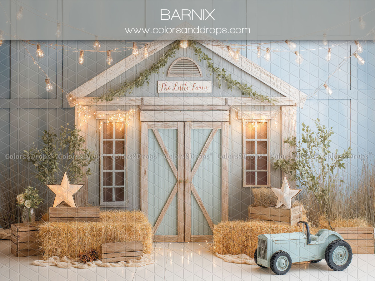 Fond photo bébé et smash cake Barnix – grange bleue avec voiture à pédales et paille | Colors&Drops