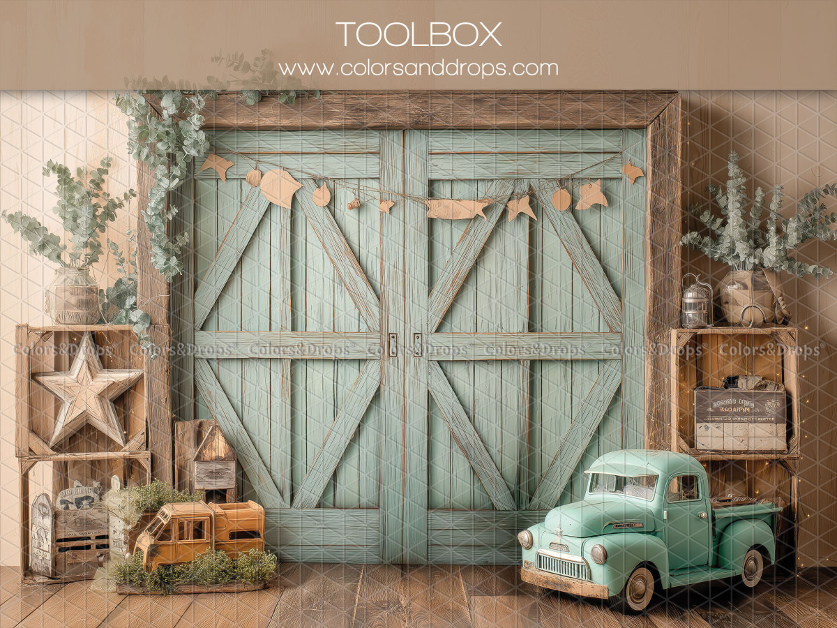 Fond photo bébé et smash cake Toolbox – portes de grange vertes avec camion vintage | Colors&Drops
