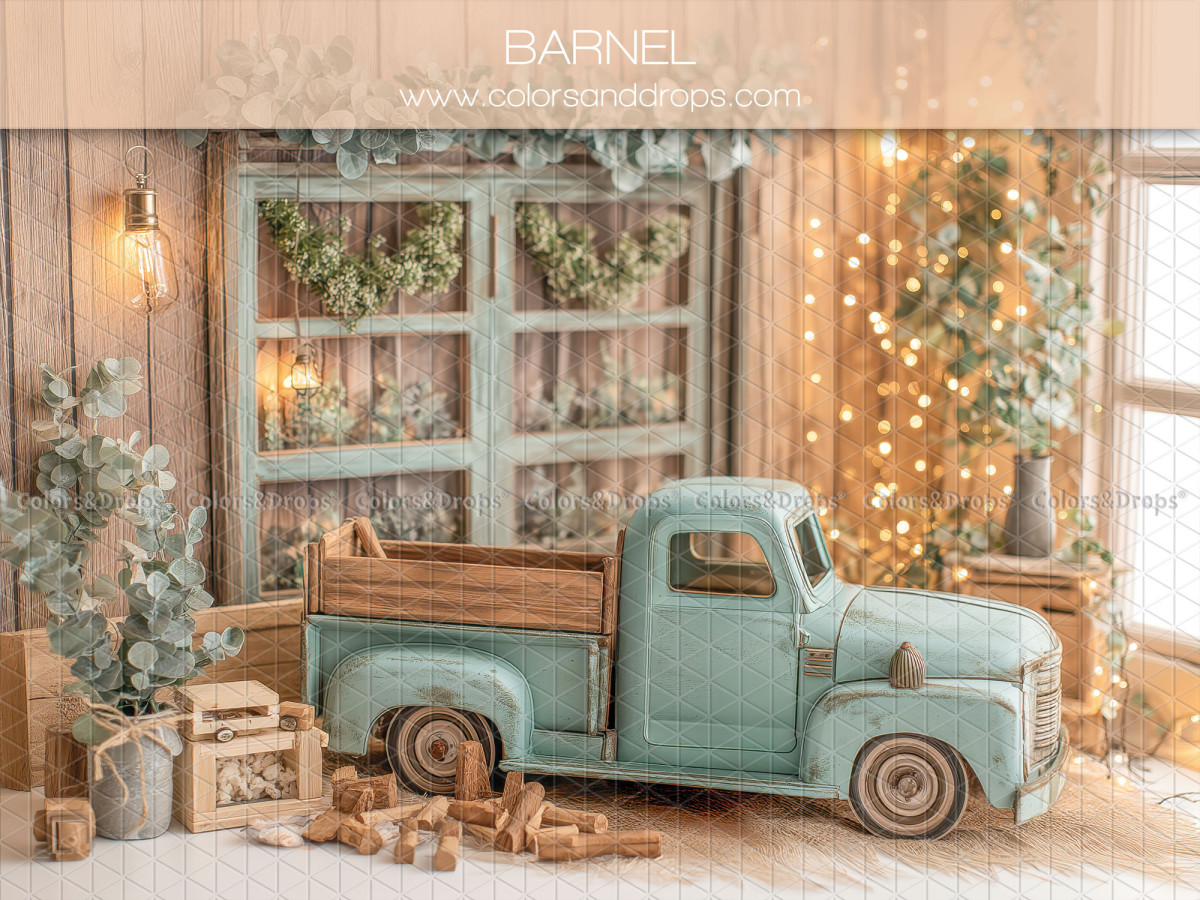 Fond photo bébé et smash cake Barnel – camion vert vintage avec fenêtre et guirlandes | Colors&Drops