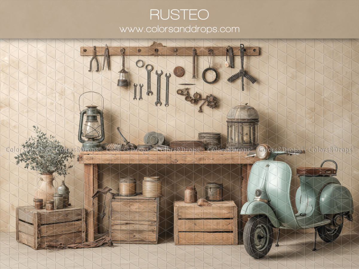Fondo fotográfico de bebé y smash cake Rusteo – banco de trabajo con herramientas y scooter verde | Colors&Drops