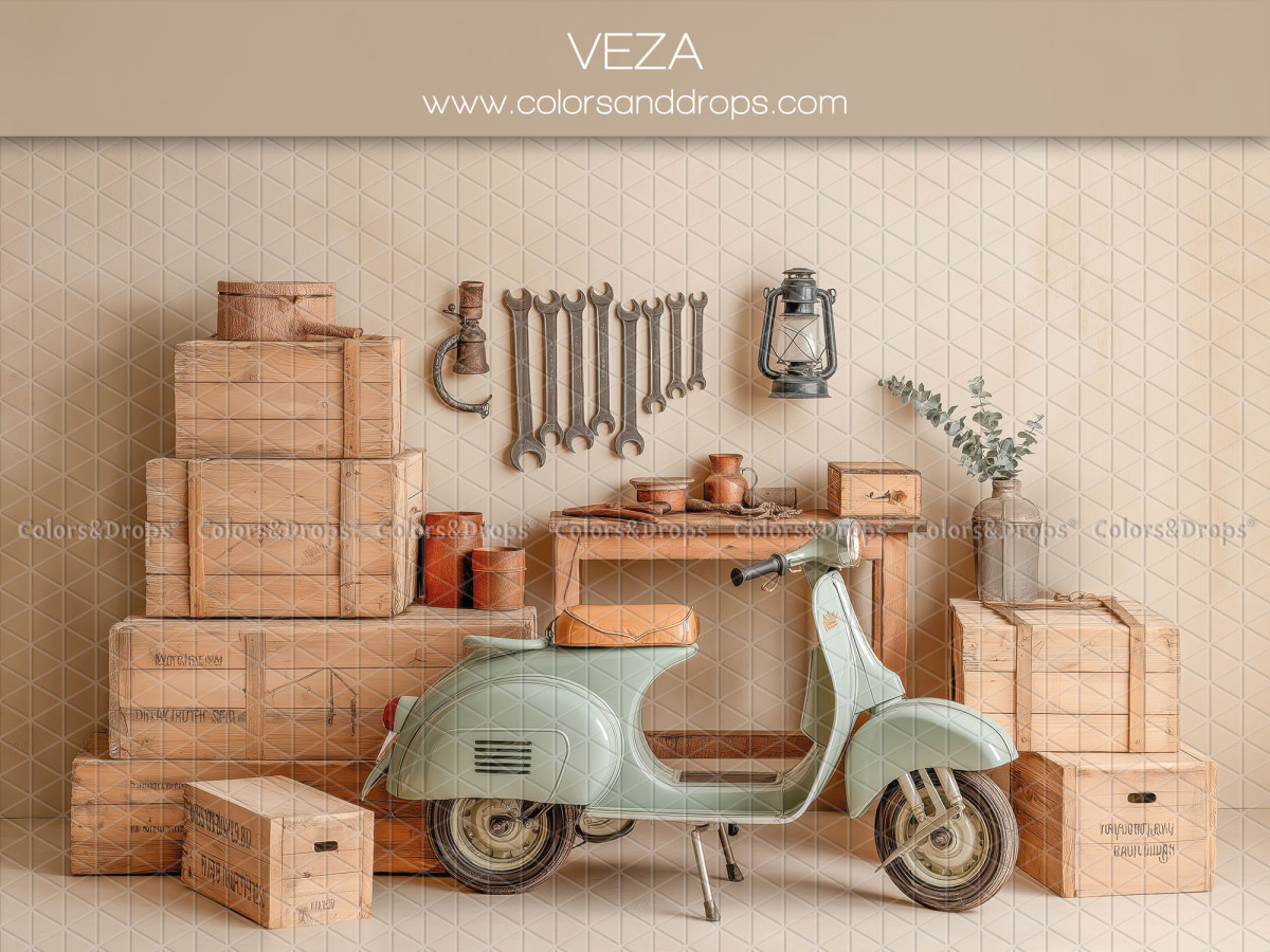Baby & cake smash photo backdrop Veza – green scooter with wooden crates and tools | Colors&Drops