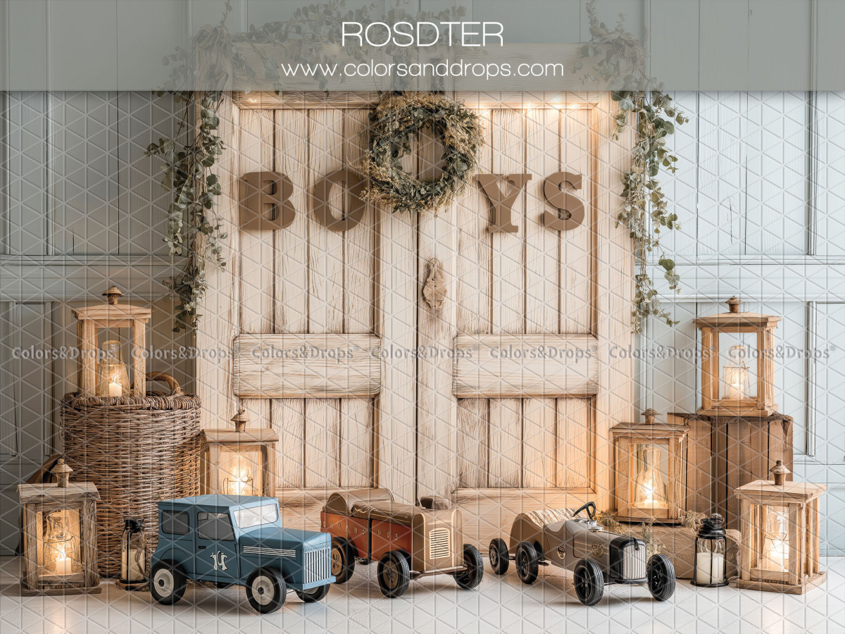 Baby & cake smash photo backdrop Rosdter – wooden BOYS door with vintage cars | Colors&Drops