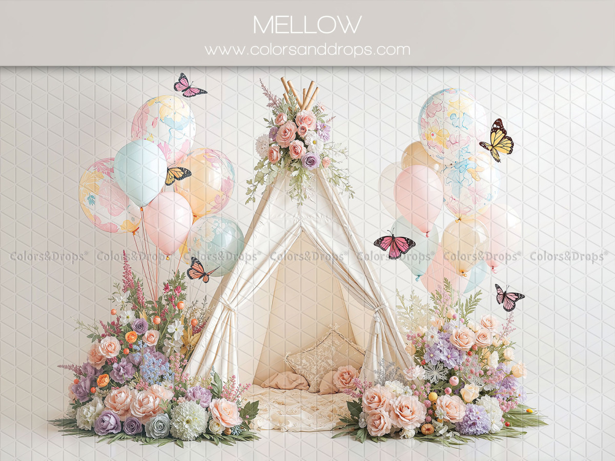 Fondo fotográfico para el Día de la Madre y del Padre Lullaby – tipi con globos pastel y mariposas | Colors&Drops